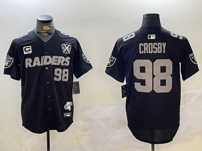 Mens Las Vegas Raiders #98 Maxx Crosby Black Nevada Silver State And 65th Patch Stitched Baseball Jersey